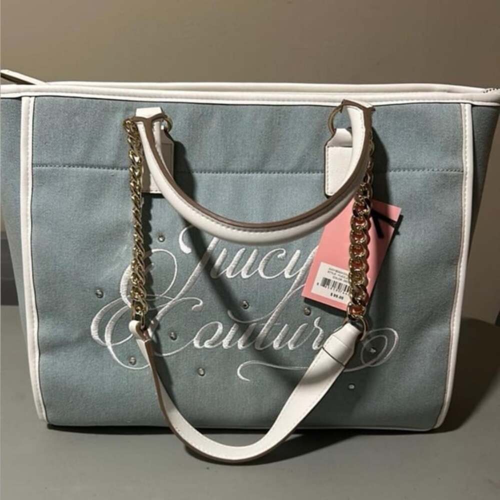 New Juicy Couture Blue & White Canvas Tote Bag with Rhinestones